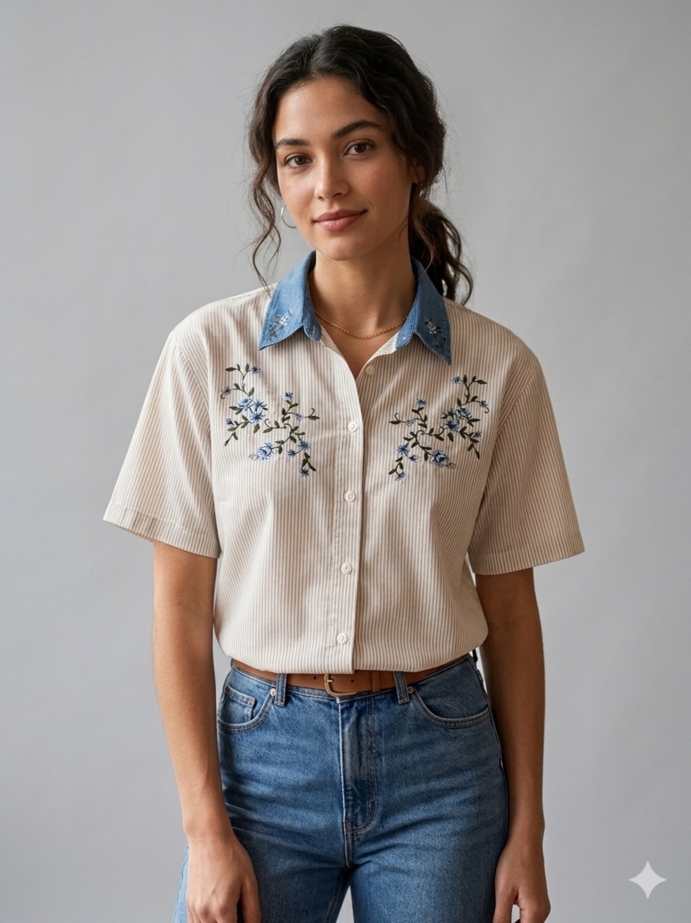 Vintage 90s New Look Striped Shirt with Embroidered Denim Collar Size L